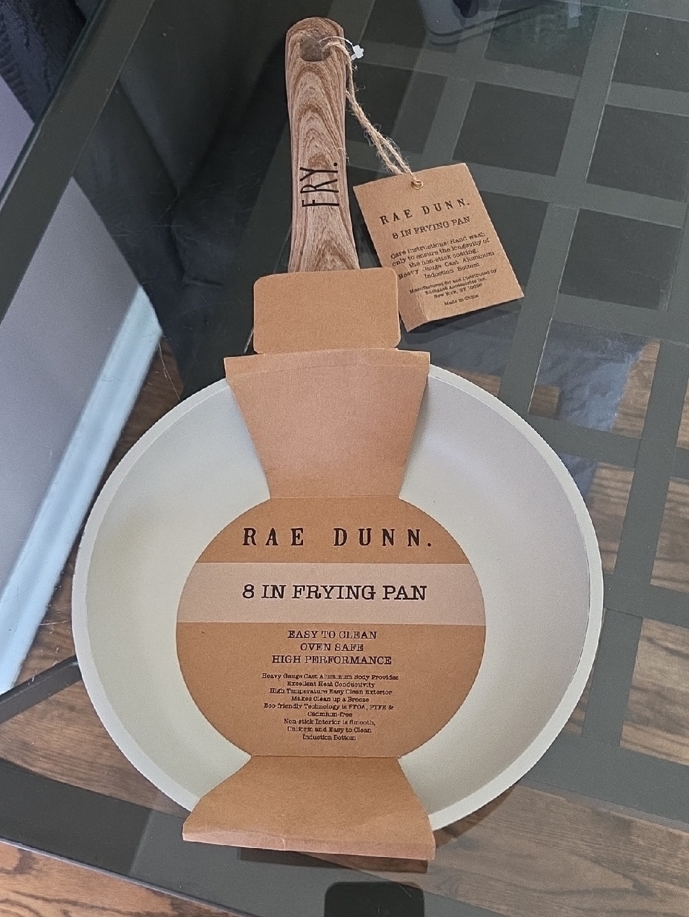 Rae Dunn Cream Ceramic 8" Frying Pan with Wood-Look Handle
